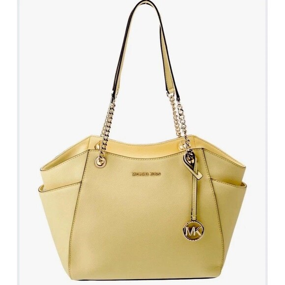 Michael Kors Jet Set Chain Large Shoulder Tote Yellow Saffiano Leather Bag Purse - Picture 1 of 14